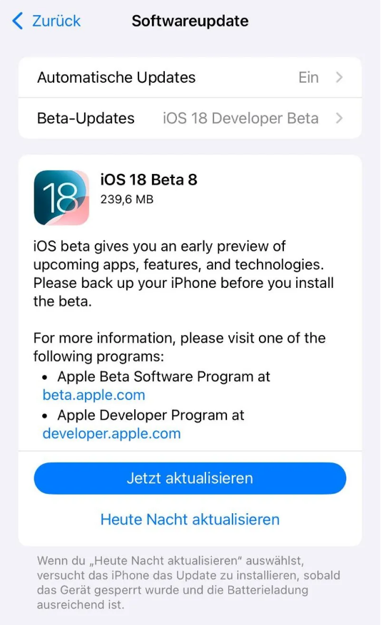 崆峒苹果手机维修分享苹果 iOS / iPadOS 18 开发者预览版 Beta 8 发布 